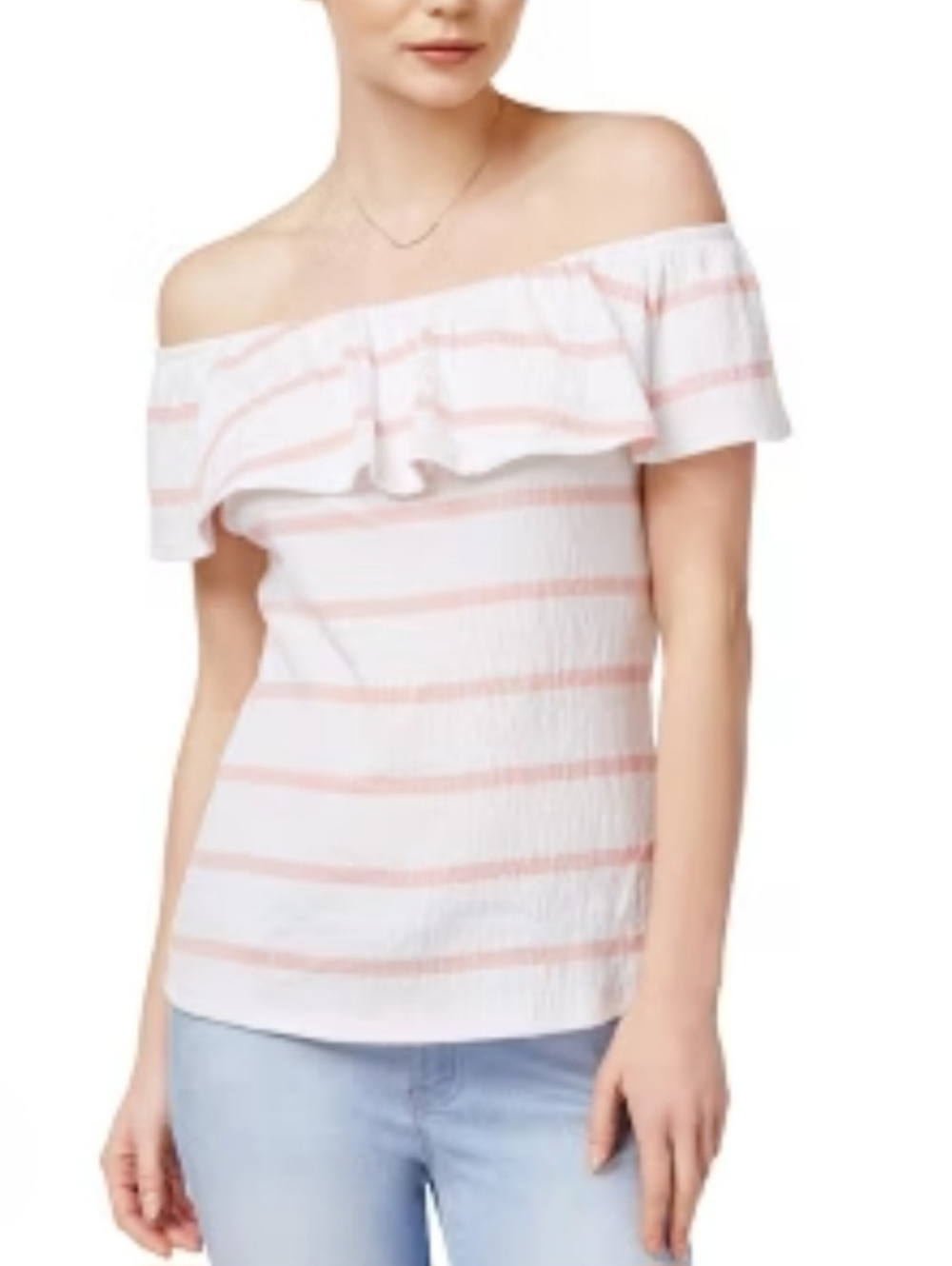 Maison Jules (NWT) White & Light Pink Off-Shoulder Ruffle Soft Shell Top